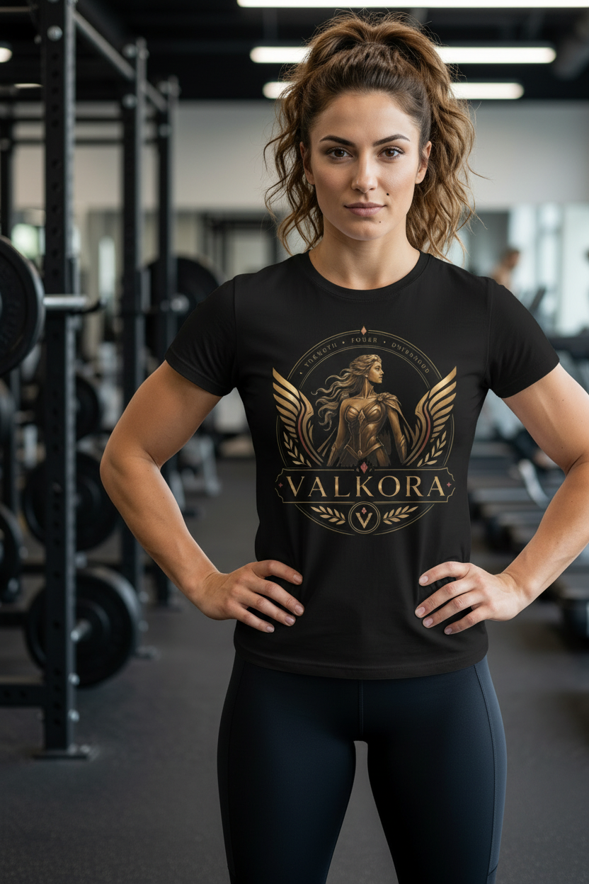 Woman wearing black Warrior Goddess Valkora emblem tee in gym setting