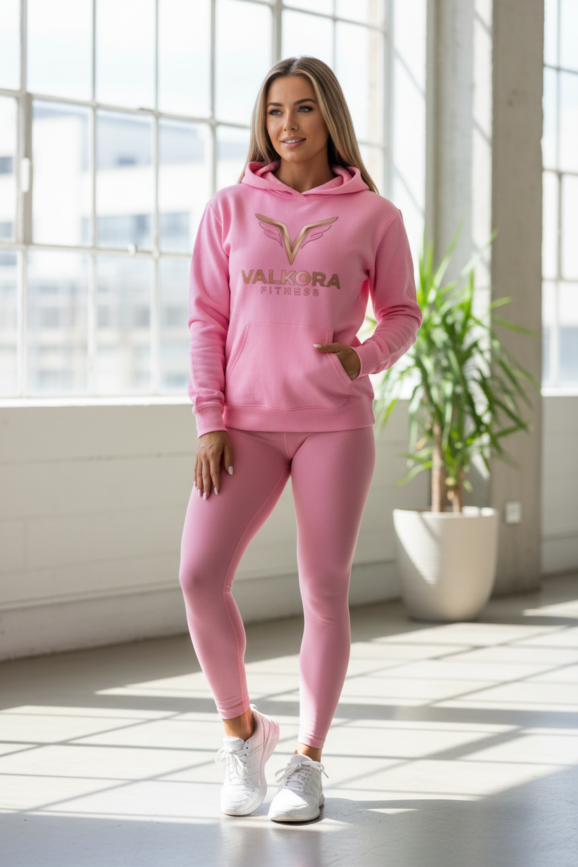 Athletic woman wearing bubble pink Valkora Fitness mid-weight hoodie