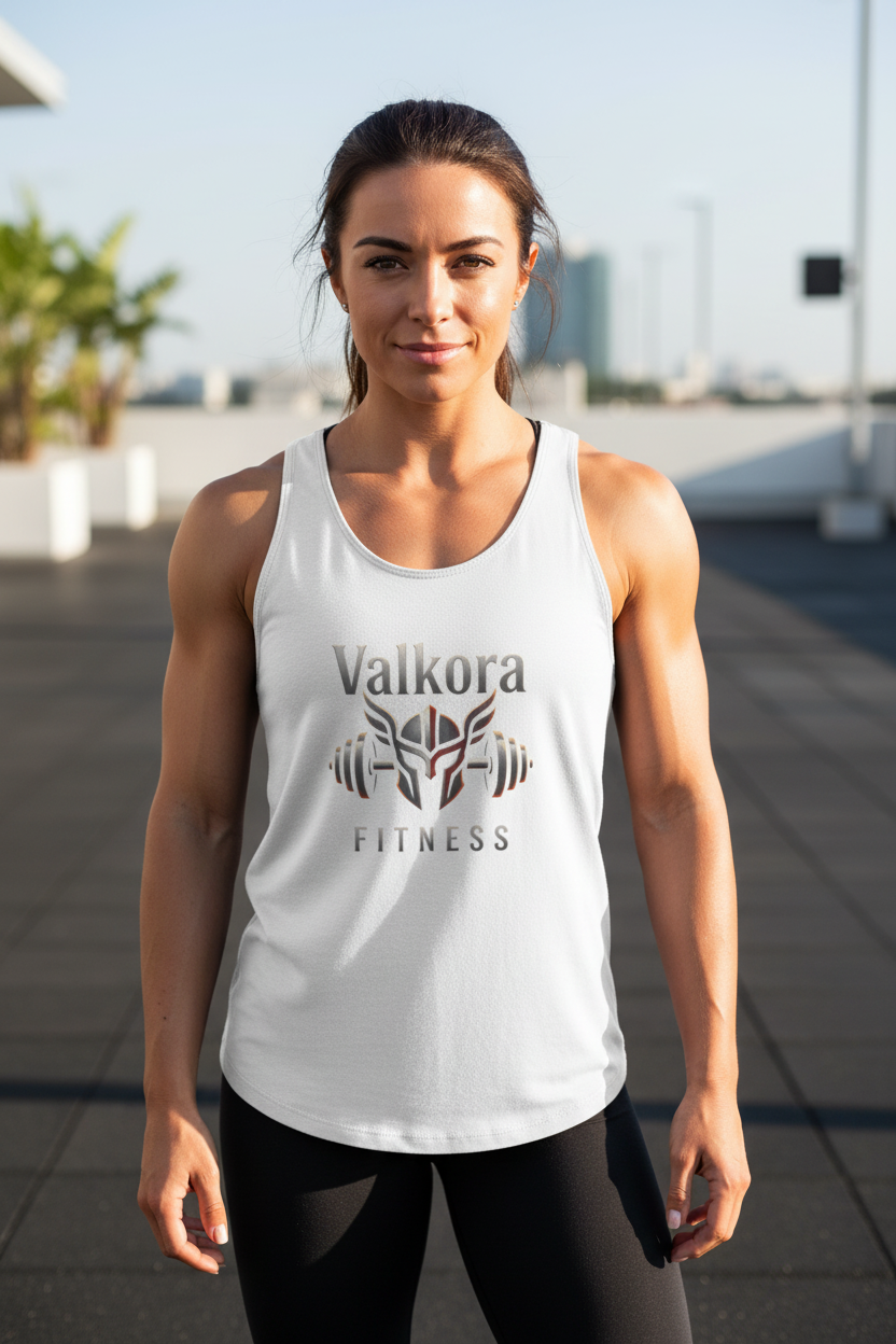 Athletic woman wearing white Valkora Fitness garment-dyed tank top