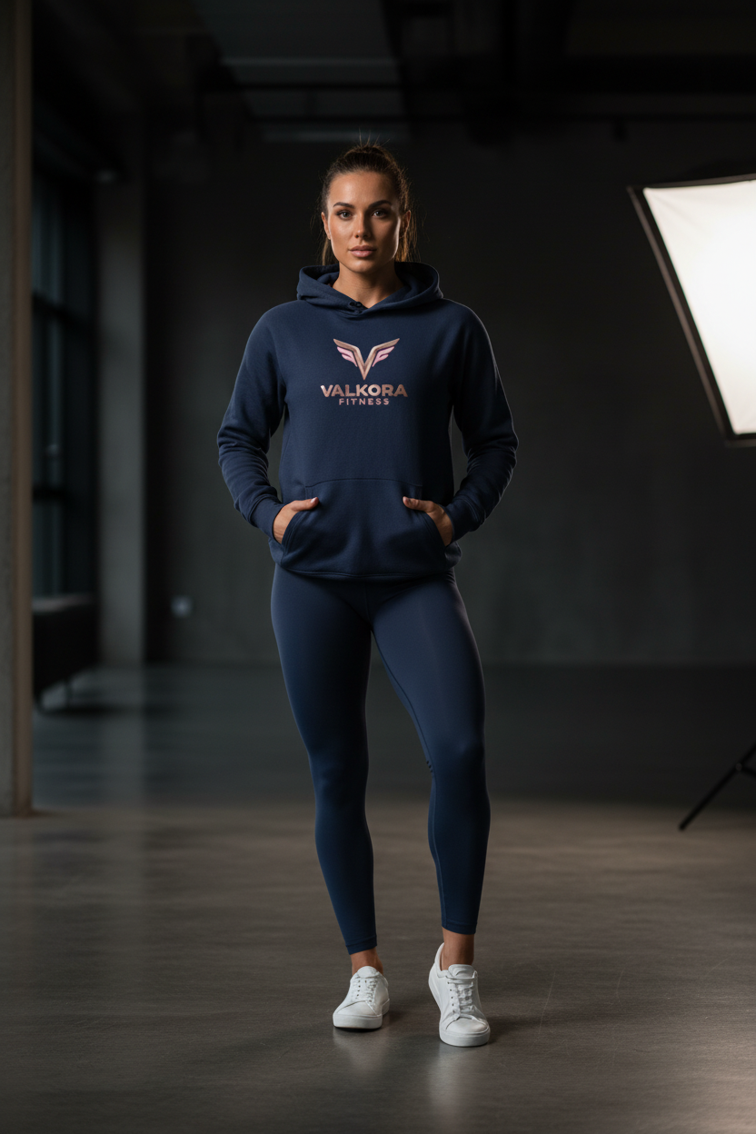 Athletic woman wearing french navy Valkora Fitness mid-weight hoodie