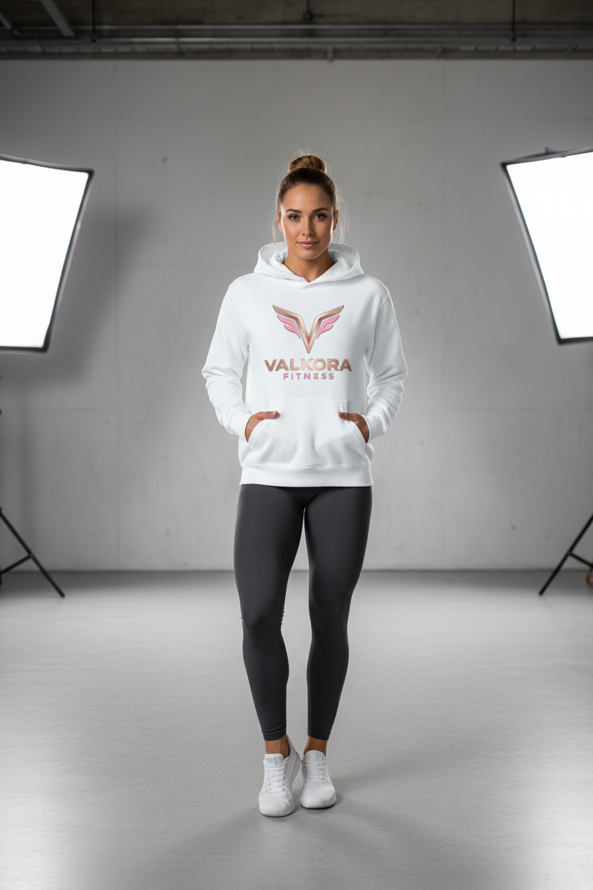Athletic woman wearing white Valkora Fitness mid-weight hoodie